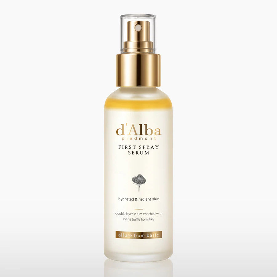 d'Alba Piedmont First Spray Serum 100ml - Yellow Bottle Floating with Serum Drops