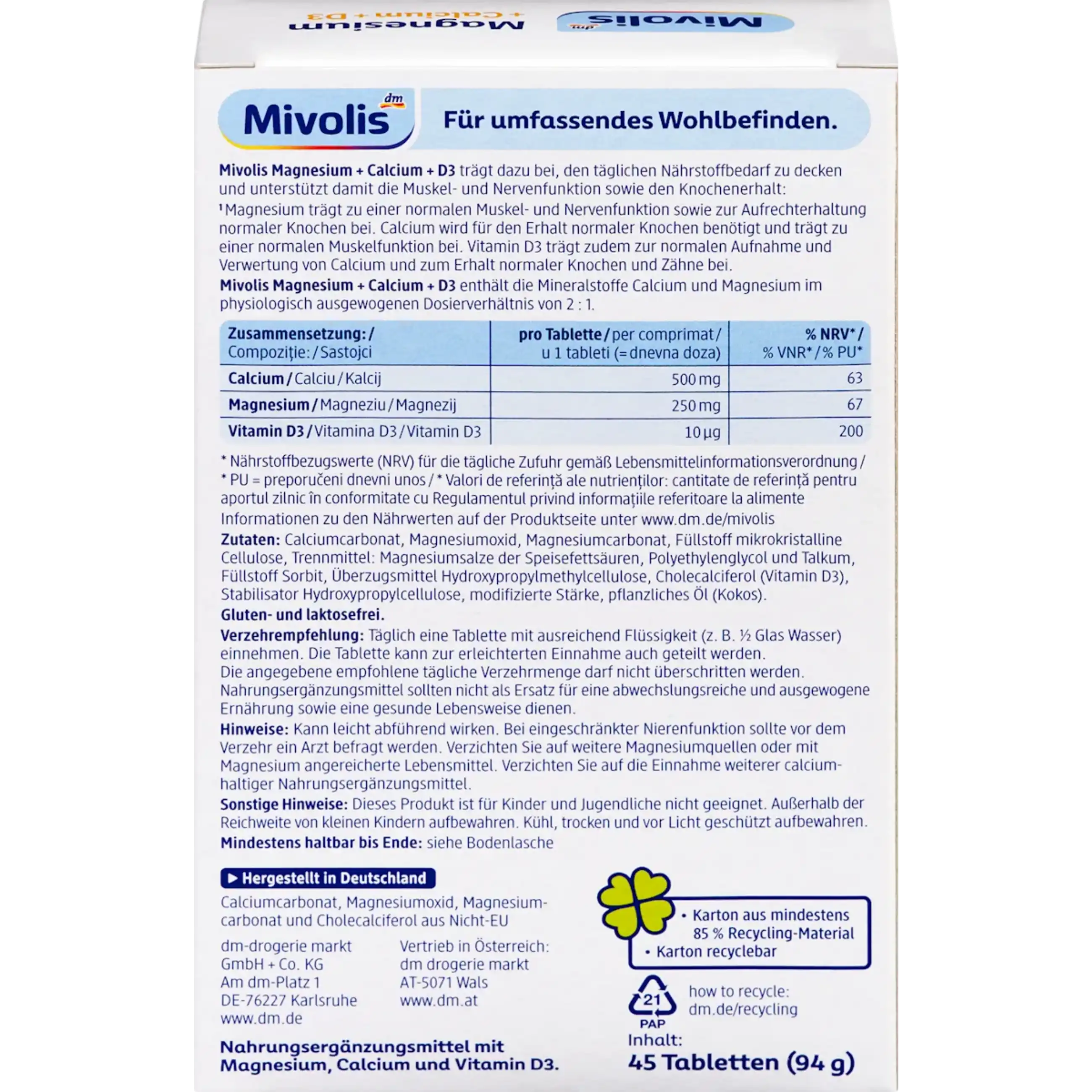 Mivolis Magnesium + Calcium + D3 — dos de la boîte composition tableau nutritionnel ingrédients conseils utilisation fabriqué en Allemagne