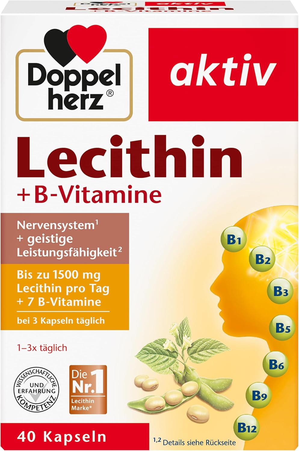 Doppelherz Aktiv Lecithin + B-Vitamine — boîte 40 capsules face avant 1500mg Lécithine 7 Vitamines B marque N°1 Allemagne