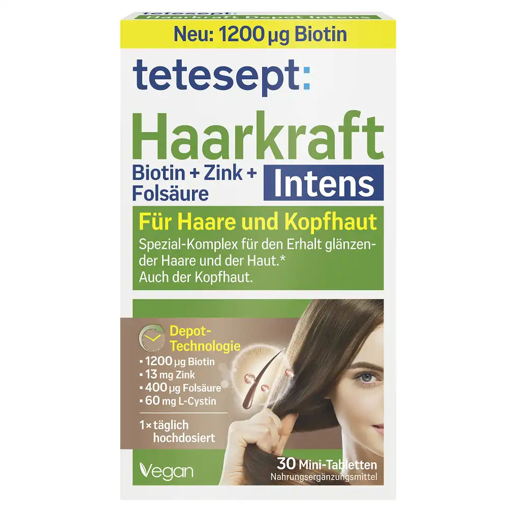tetesept Haarkraft Intens — boîte 30 mini-comprimés face avant 1200µg Biotine 13mg Zinc 400µg Acide Folique 60mg L-Cystine Vegan Technologie Dépôt