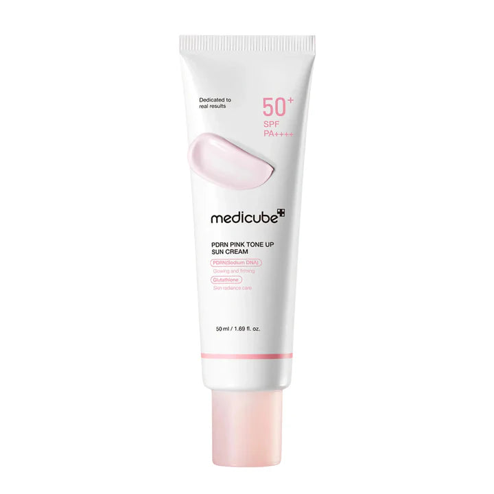 Medicube+ PDRN Pink Tone Up Sun Cream surrounded by pink bubbles