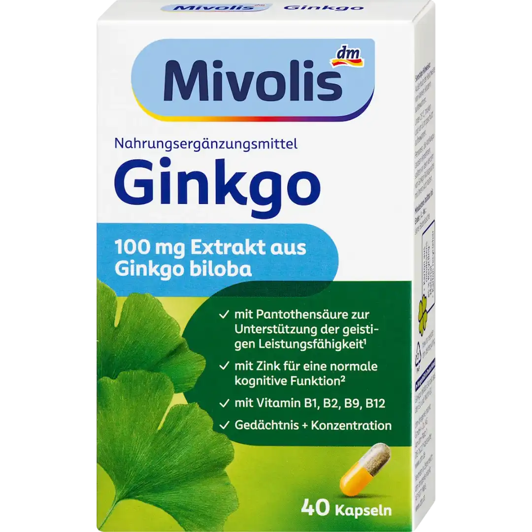 Mivolis Ginkgo 100mg — boîte 40 capsules face avant extrait Ginkgo biloba 100mg Zinc Vitamines B mémoire concentration