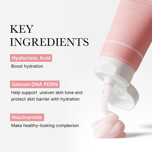 Medicube PDRN Pink Hyaluronic Moisturizing Cream — Key Ingredients Hyaluronic Acid Salmon DNA PDRN Niacinamide cream texture squeeze