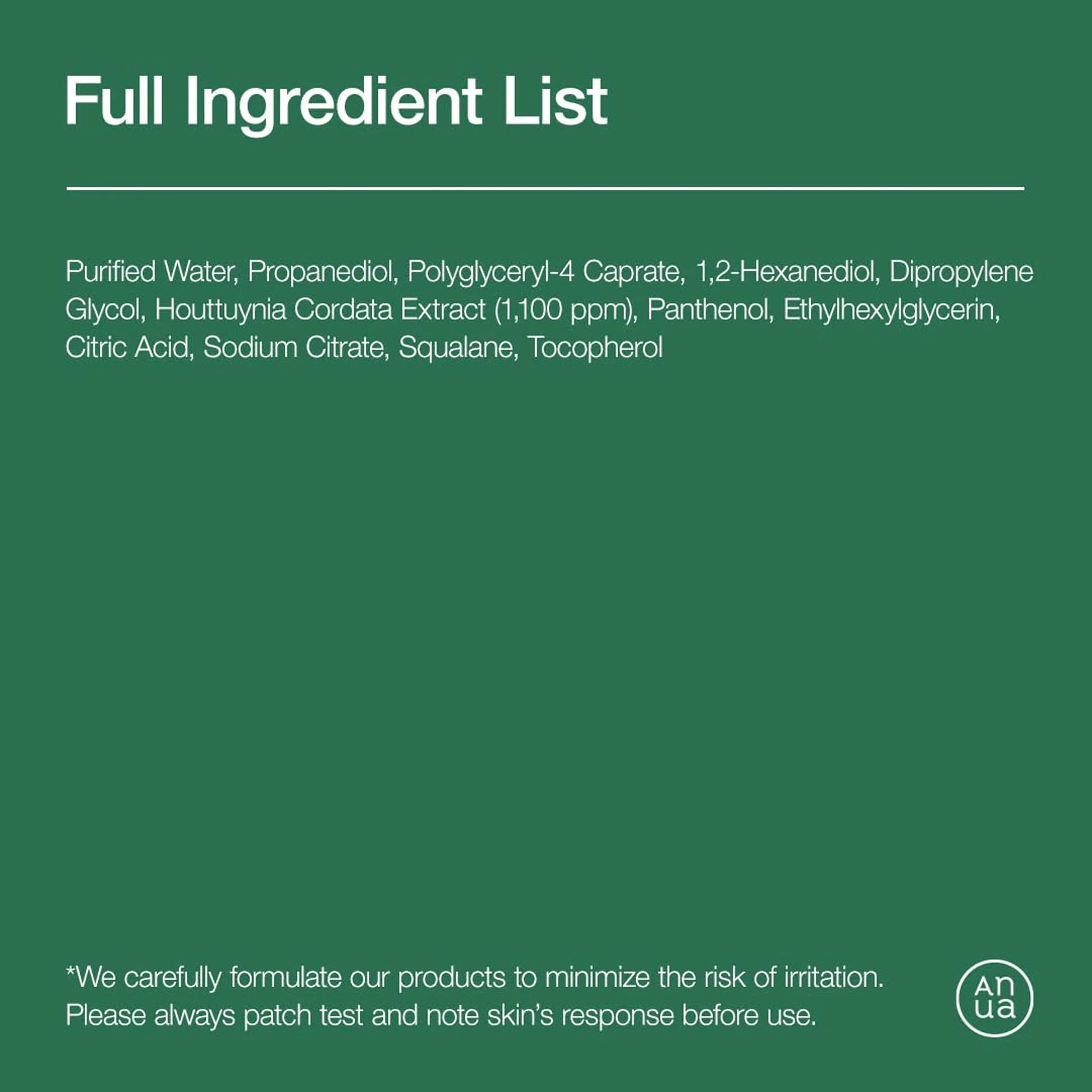 Anua Heartleaf 87 Low pH Deep Cleansing Water — Full Ingredient List INCI green background