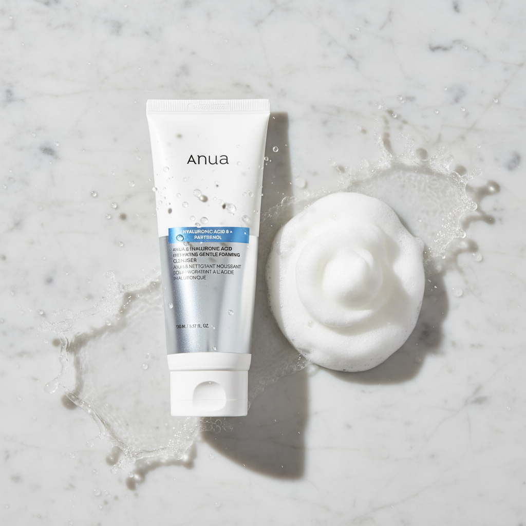 Anua 8 Hyaluronic Acid Cleanser - marble foam flat lay