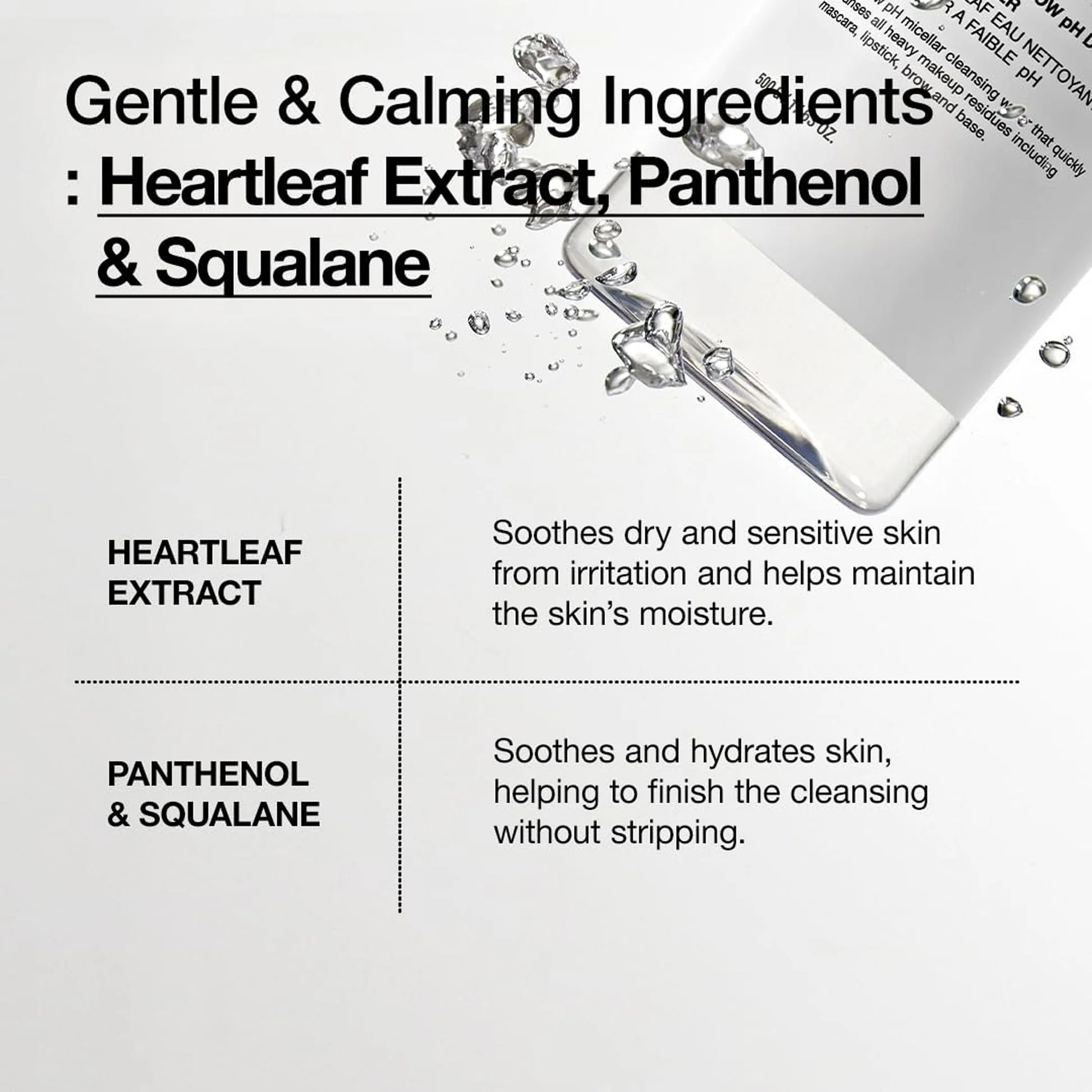 Anua Heartleaf 87 Low pH Deep Cleansing Water — Gentle Calming Ingredients Heartleaf Extract Panthenol Squalane ingredient breakdown
