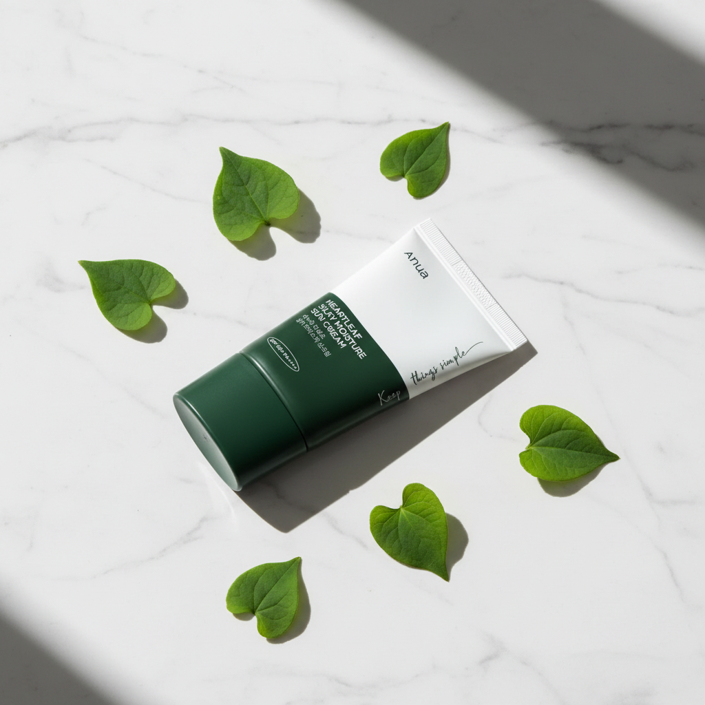 Anua Heartleaf Sun Cream - Green marble editorial