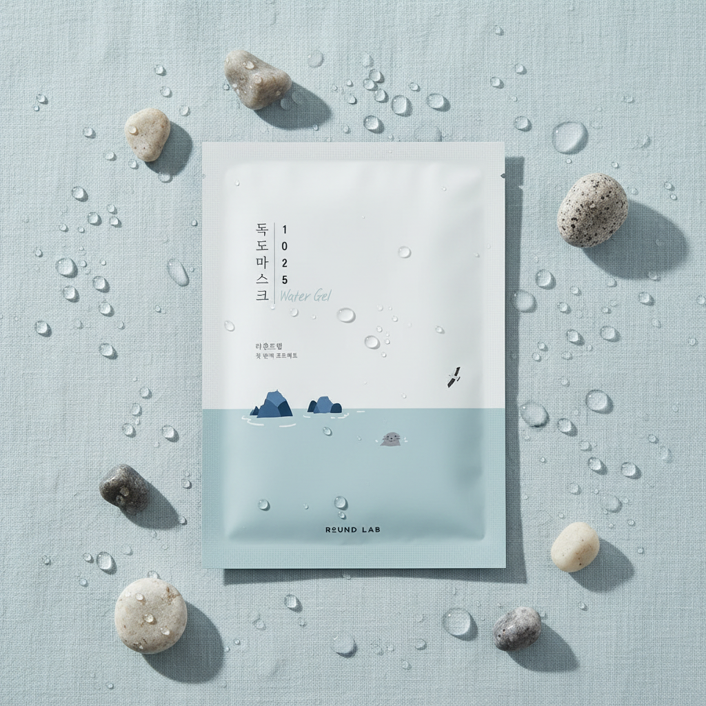 Round Lab 1025 Dokdo Water Gel Mask lifestyle flat lay