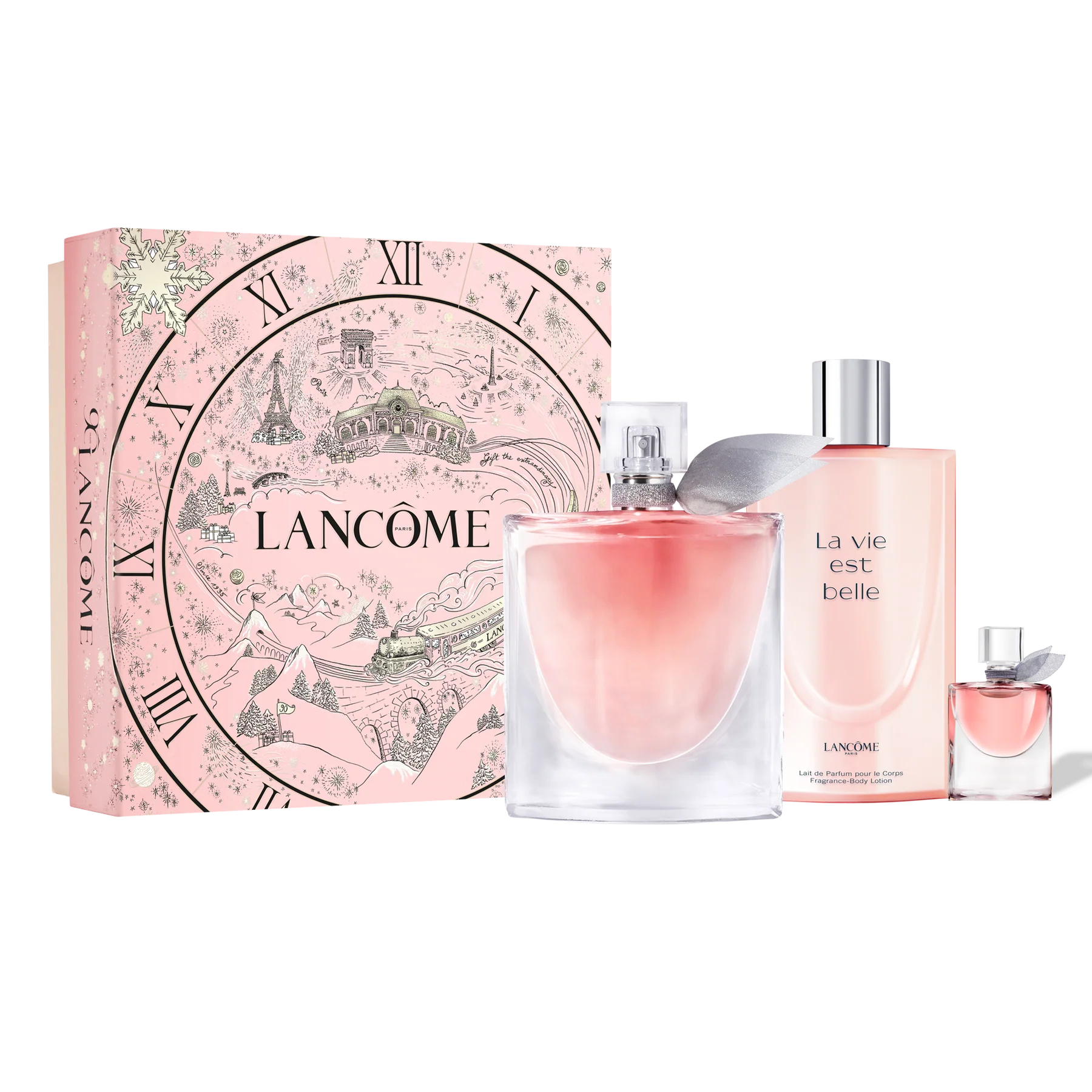 Lancôme La Vie Est Belle Coffret Cadeau Collector — écrin rose poudré Paris sous la neige EDP 100ml Body Lotion 200ml Miniature 4ml