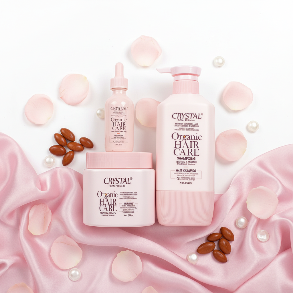 Crystal Organic Hair Care Pack Rose - Flat lay rose petals argan