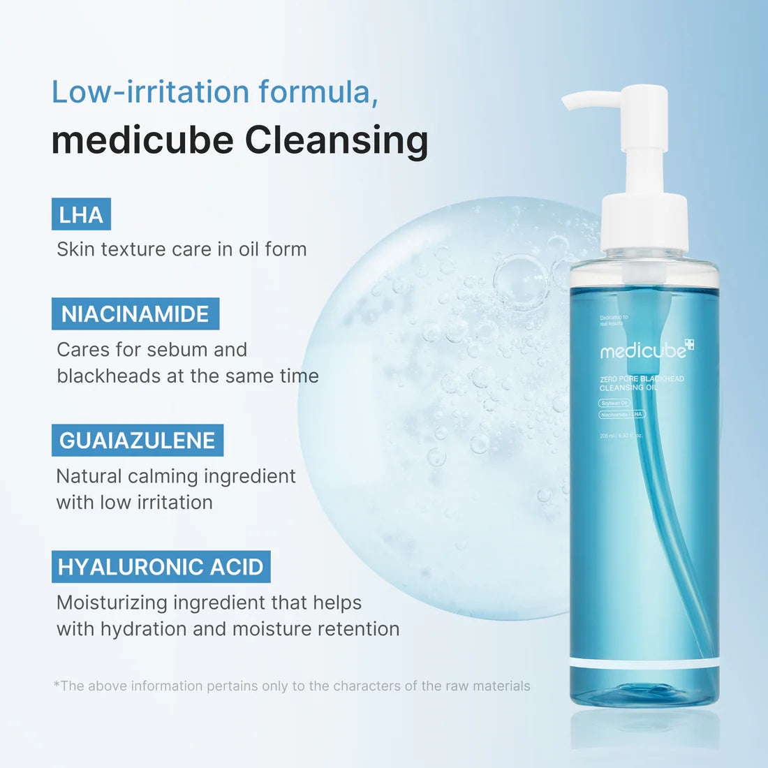 Medicube+ Zero Pore Blackhead Cleansing Oil - LHA Niacinamide Guaiazulene Hyaluronic Acid ingredients