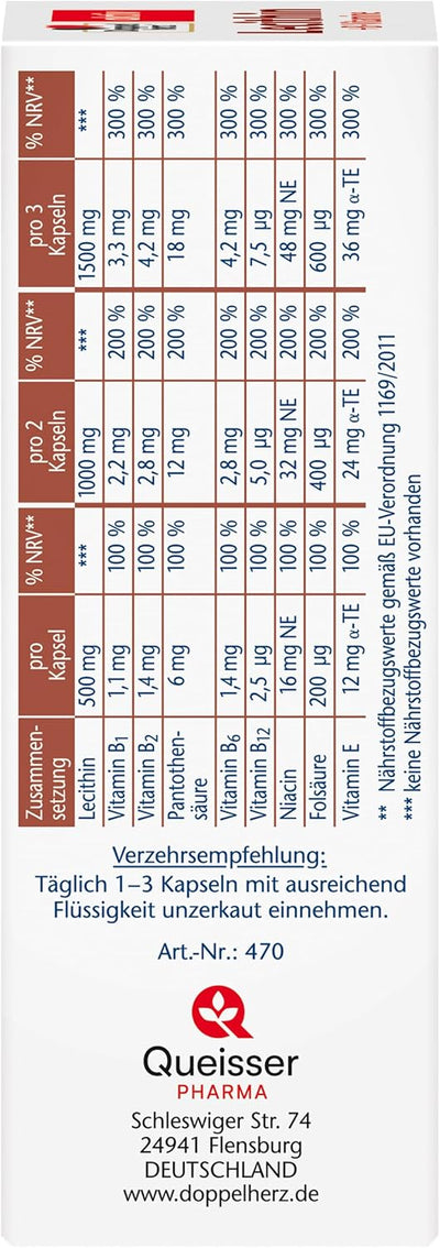 Doppelherz Aktiv Lecithin + B-Vitamine — dos de la boîte tableau nutritionnel composition par capsule 2 et 3 capsules NRV Queisser Pharma