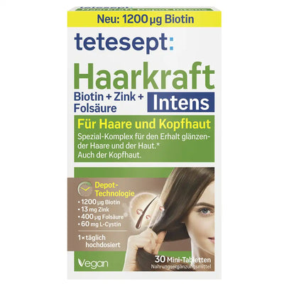 tetesept Haarkraft Intens — boîte 30 mini-comprimés face avant 1200µg Biotine 13mg Zinc 400µg Acide Folique 60mg L-Cystine Vegan Technologie Dépôt