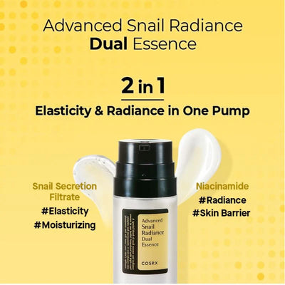 COSRX Advanced Snail Radiance Dual Essence - Pump Dispenser Close-Up on Skin