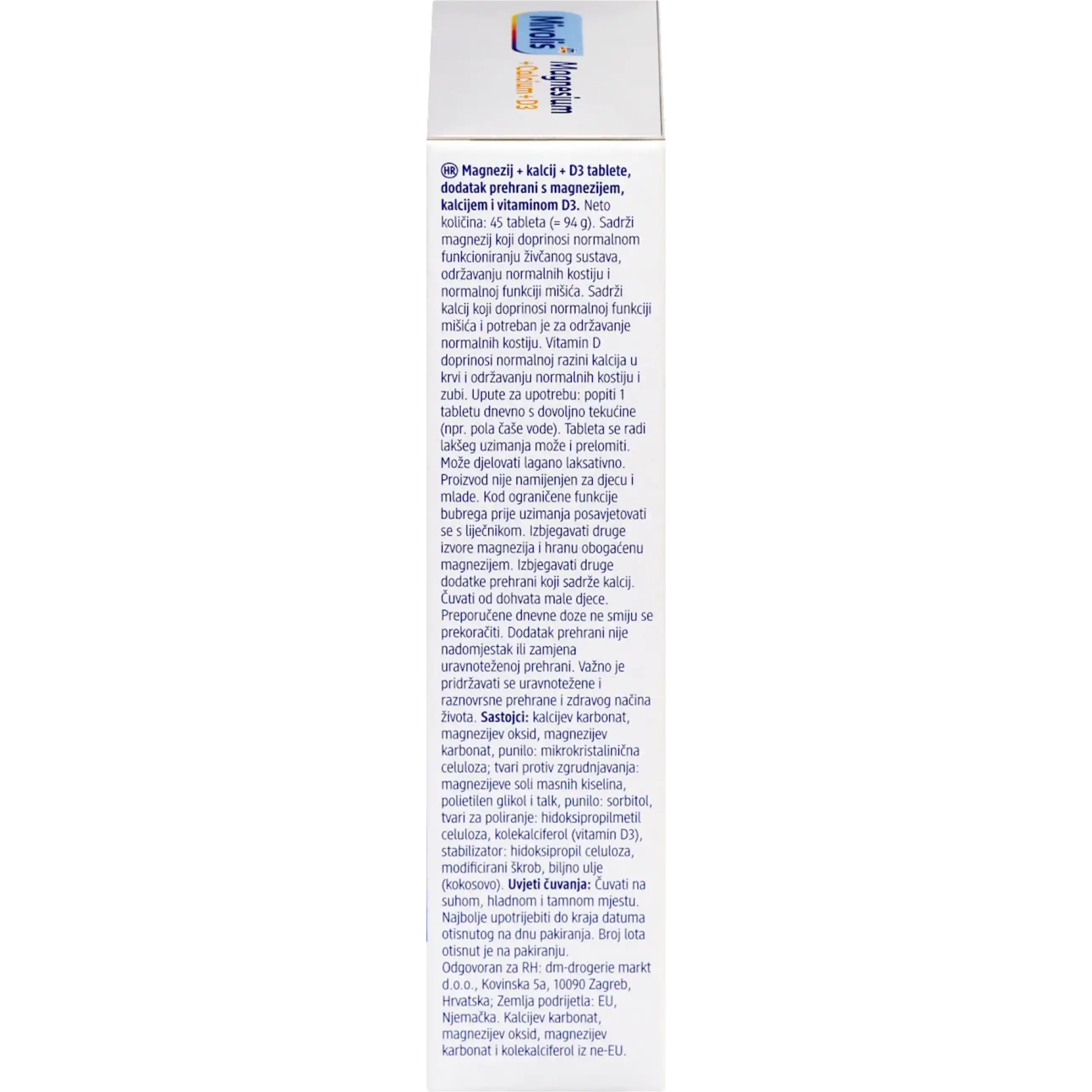 Mivolis Magnesium + Calcium + D3 — côté boîte informations multilingues composition détaillée