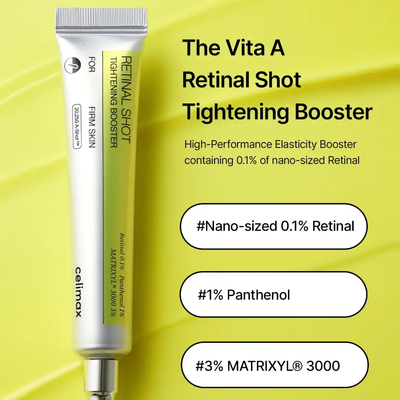 Celimax Retinal Shot - Key Ingredients: Retinal 0.1%, Panthenol 1%, MATRIXYL 3000 3%