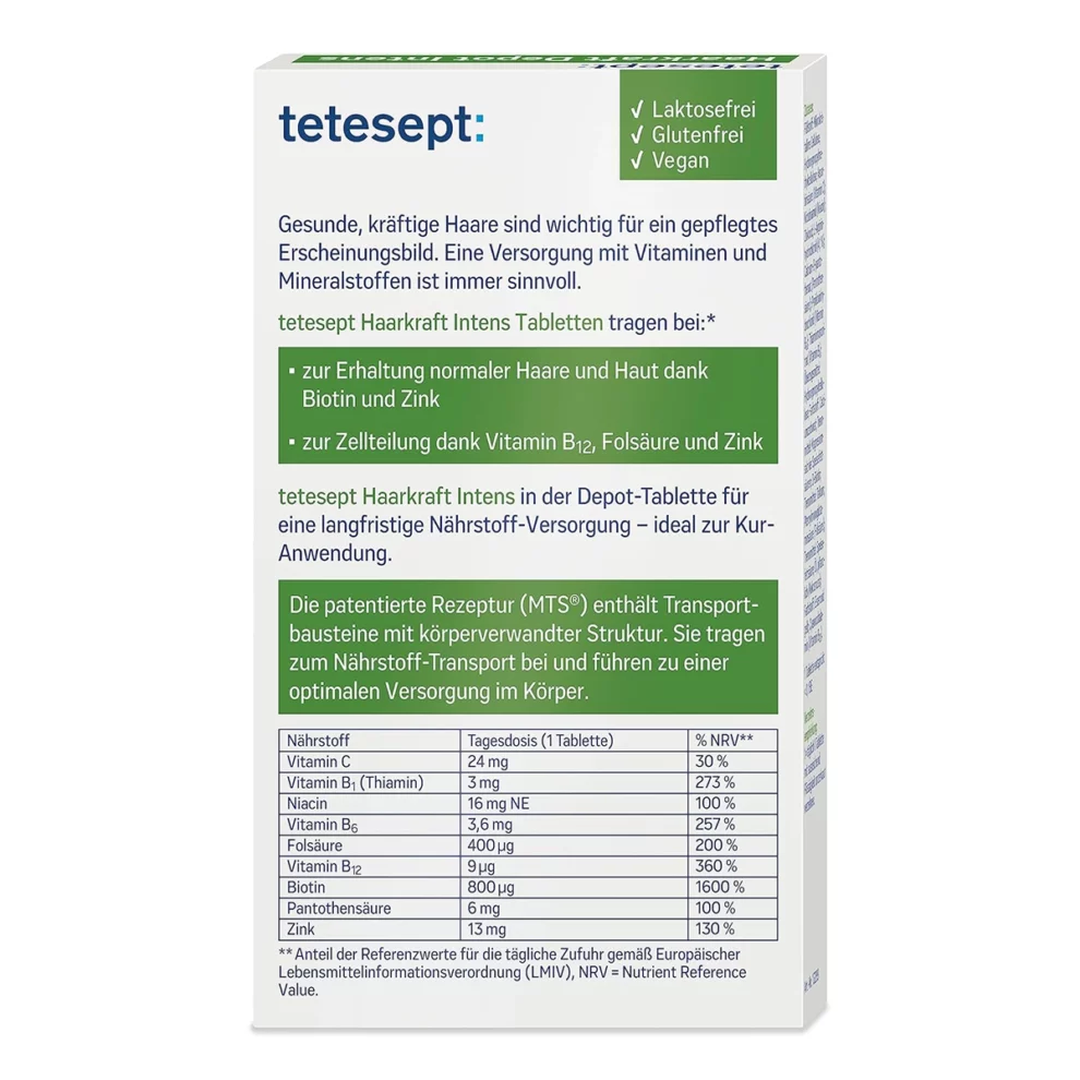 tetesept Haarkraft Intens — dos de la boîte tableau nutritionnel composition Biotine Zinc Acide Folique Vitamines B sans lactose sans gluten vegan