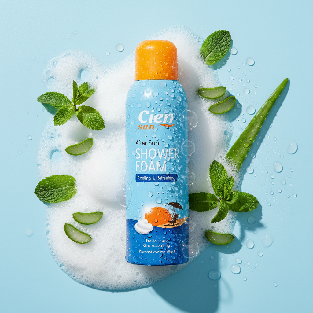 Cien Sun After Sun Shower Foam - Foam & Ingredients Flatlay