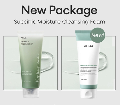 Anua Heartleaf Succinic Moisture Cleansing Foam — Heartleaf + Succinic Acid gel-to-foam pH balanced exfoliating moisturizing