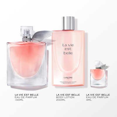 Lancôme La Vie Est Belle — 3 produits coffret EDP 100ml Body Lotion 200ml Miniature 4ml fond blanc
