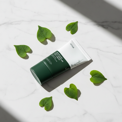Anua Heartleaf Sun Cream - Green marble editorial