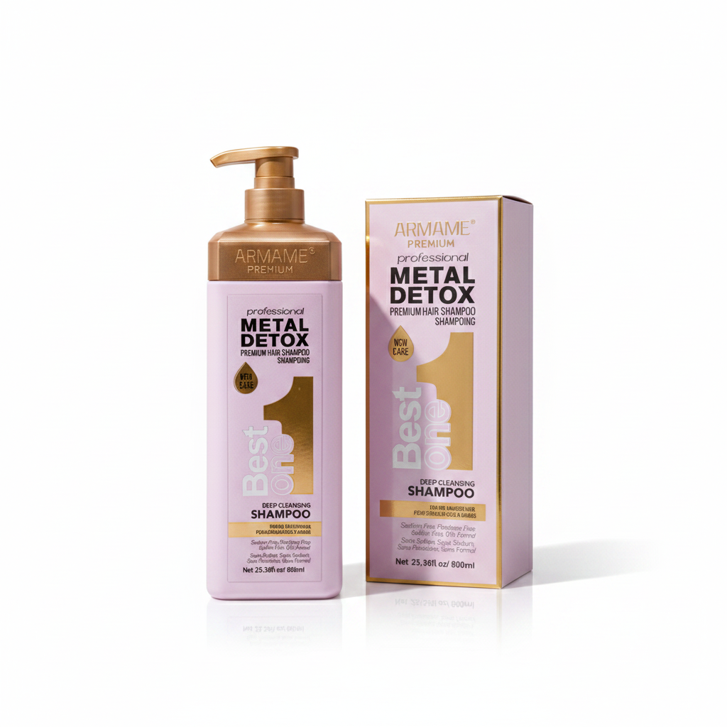 Armame Metal Detox Shampoo - Studio lavender bottle and pink gold box