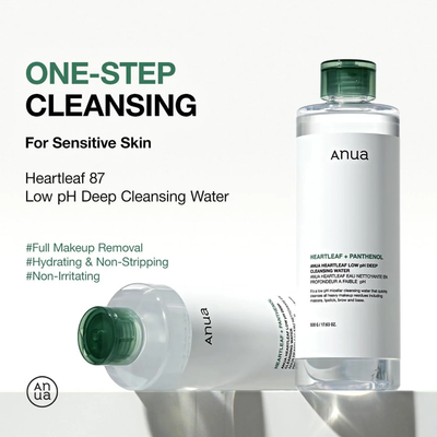 Anua Heartleaf 87 Low pH Deep Cleansing Water — One-Step Cleansing for Sensitive Skin Full Makeup Removal Hydrating Non-Stripping