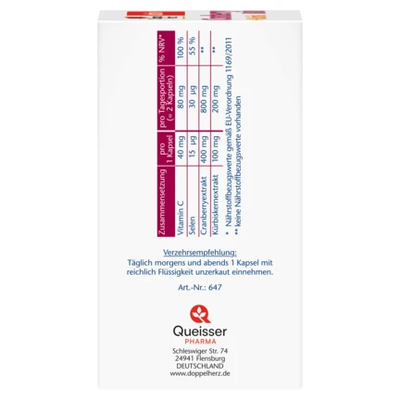 Doppelherz Aktiv Cranberry 800 + Kürbis — côté boîte tableau nutritionnel composition par capsule et 2 capsules NRV Queisser Pharma Flensburg Allemagne